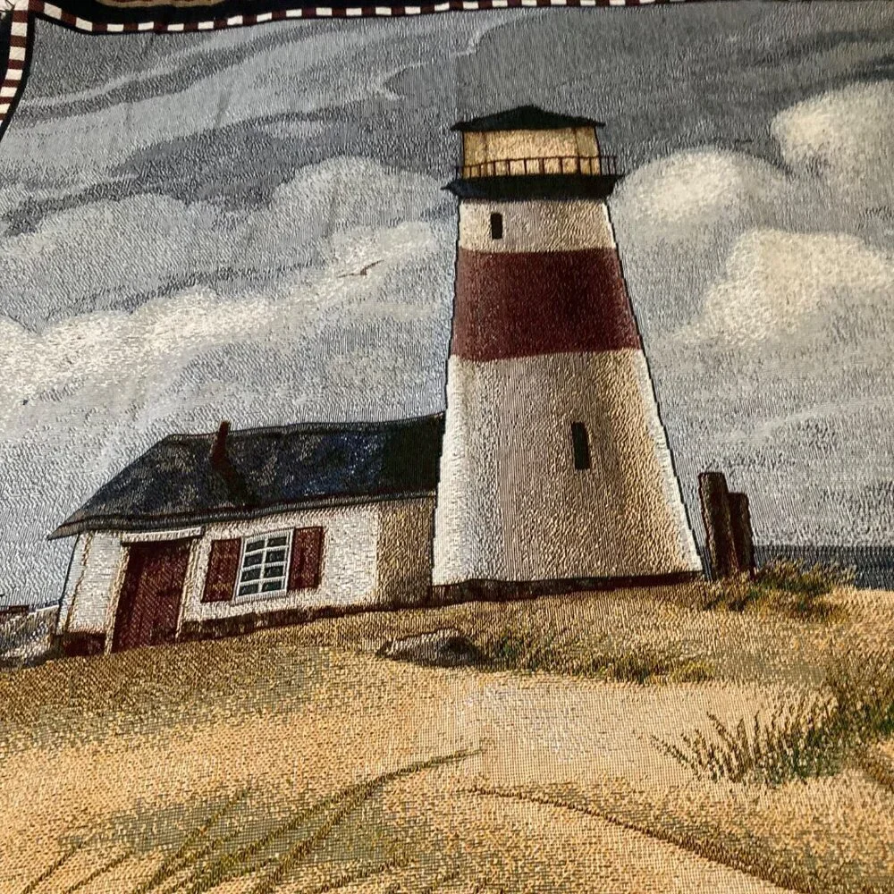 Vintage Woven Cotton Throw Blanket‎ Lighthouse Island 44 x 60